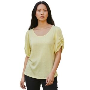 Chicos Yellow Top Linen Blend Knit Puff Layered Sleeve TShirt Womens Size 1 /US8